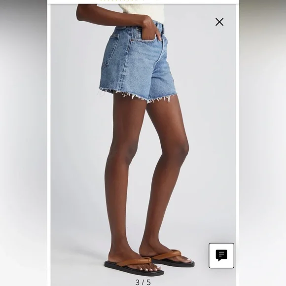 new Agolde Parker long denim shorts in Skywave medium light wash